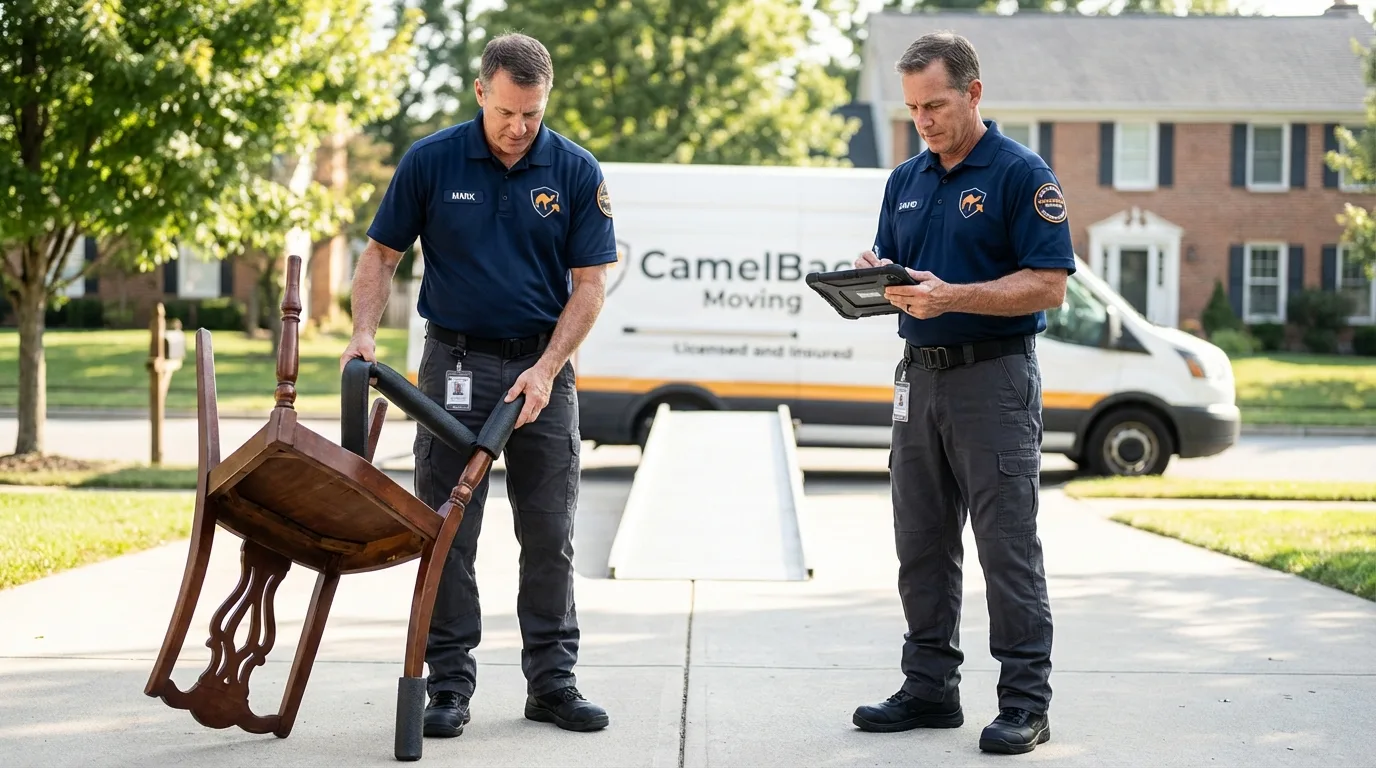 Movers inspecting furniture for damage prevention before loading in Tyrone, PA