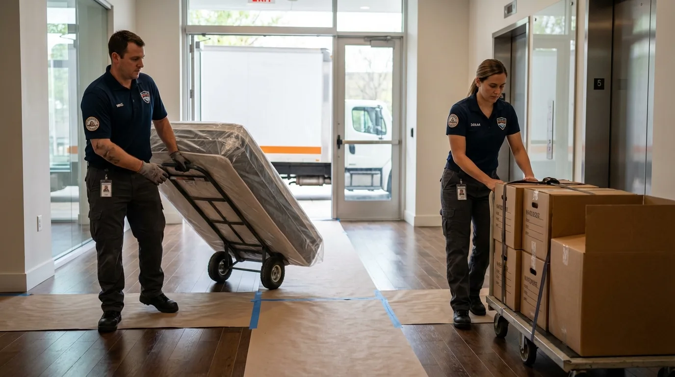 Professional apartment movers loading elevator in Tyrone, PA